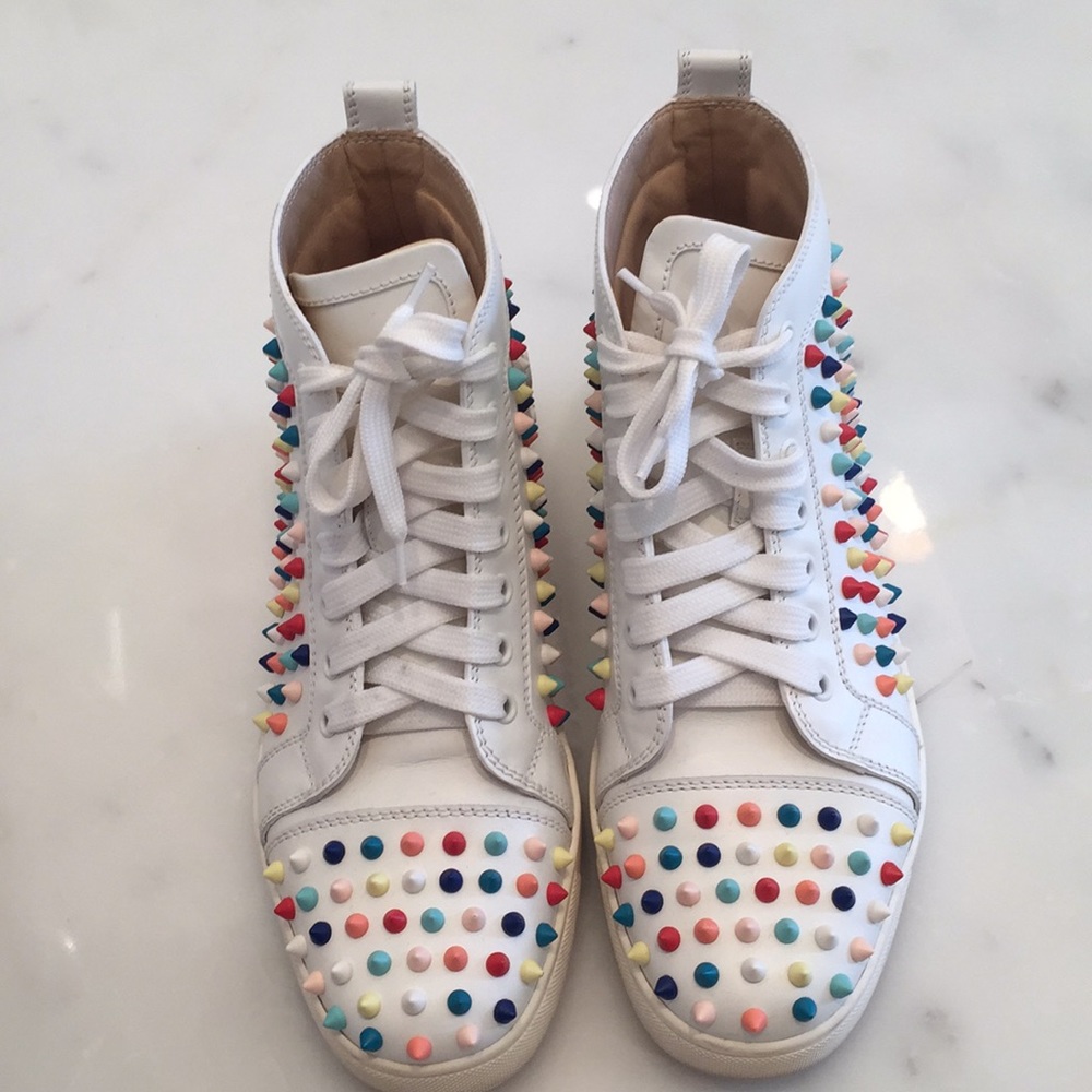 Christian Louboutin White Leather High-Top Sneakers with Multicolor Studs
